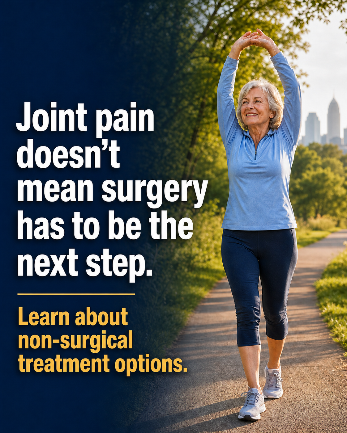 Active older woman walking outdoors, moving freely without joint pain